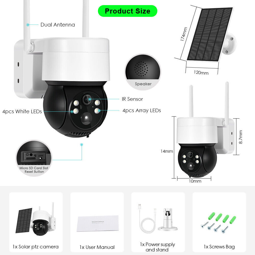 Outdoor Solar Security IP Camera Battery Powered Wireless WiFi CCTV PTZ