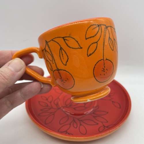Raymor Italy Pottery MCM Orange Red Fruit Leaf Leaves Tea Coffee Cup Saucer - Picture 6 of 13