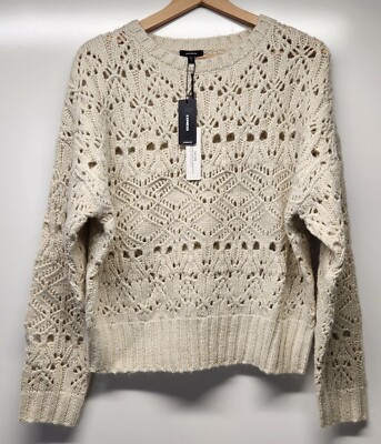 Express Ivory Cable Knit Crew Neck Chunky Sweater Gold Thread Women's Medium