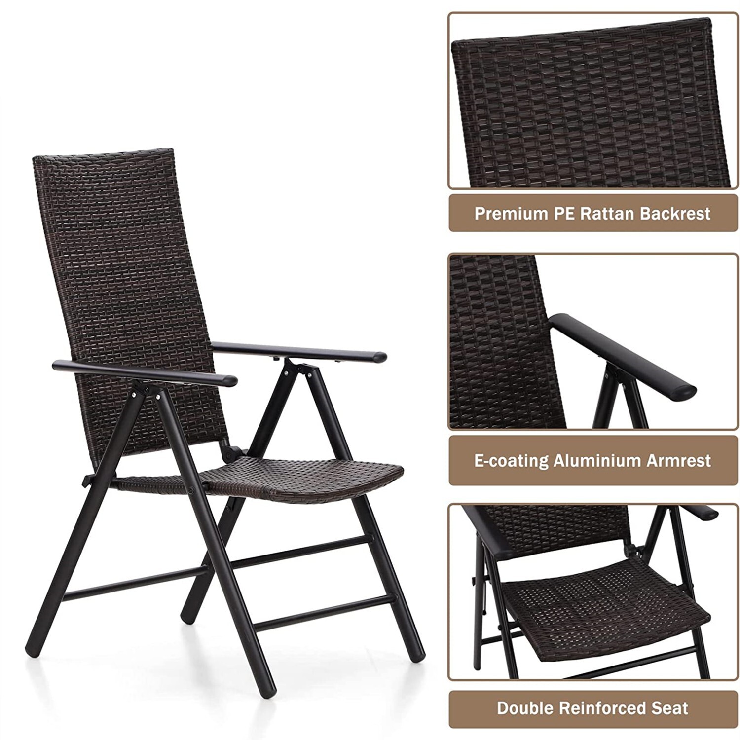 PHI VILLA Patio Chairs Set of 4 Folding Wicker Dining Chair Outdoor