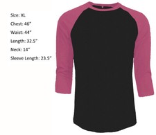 3/4 Sleeve Plain T-Shirt Baseball Raglan Jersey Sports Men's Tee Black Pink XL