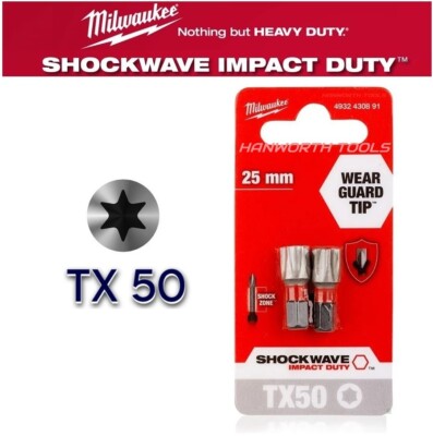 Milwaukee TX50 Schraubendreher-Bits x2 Stück Torx T50 Star gekrempelt 1'' Zoll