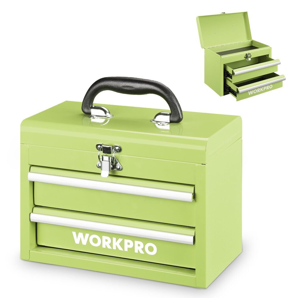 WORKPRO Draagbare mini-gereedschapskist, 2 laden, metalen gereedschapskist met kogellagerglijbanen, bovenste opslag en vergrendelbare vergrendelingen, ergonomische draaggreep, mechanische WORKPRO Draagbare mini-gereedschapskist, 2 laden, metalen gereedschapskist met kogellagerglijbanen, bovenste opslag en vergrendelbare vergrendelingen, ergonomische draaggreep, mechanische
