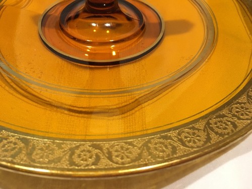 Vint Elegant Amber Gold Glass Sandwich Handled Party Tidbit Platter Tray* - Picture 3 of 9