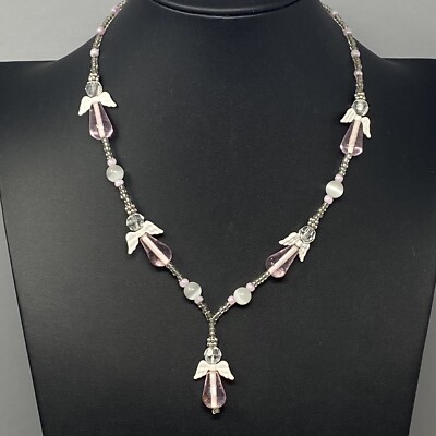 Glass Angel Station Necklace Pink Teardrop Round Cats Eye Bead Glitter Wings 19''