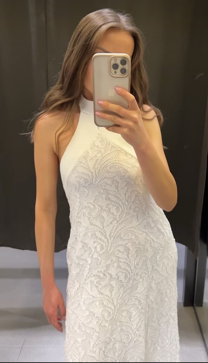 NWT_ZARA WOMAN SS23 KNIT JACQUARD HALTER DRESS OYSTER WHITE NWT_ZARA WOMAN SS23 KNIT JACQUARD HALTER DRESS OYSTER WHITE