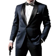 Custom Made Navy Blue Skyfall Tuxedo With Black Satin Shawl Lapel Wedding Suits
