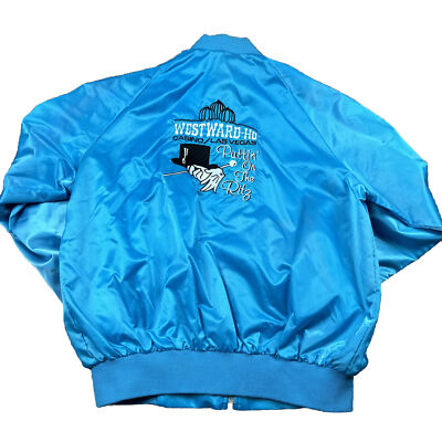 Vintage 80s Westward HO Casino Satin Bomber Jacket Embroidered Magic Hat Ritz