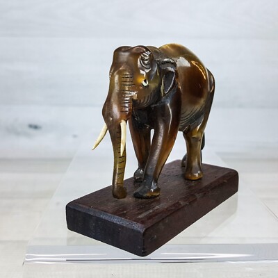 Vintage 3'' Elephant w Tusks Figurine Plastic Bakelite Lucite on Wood Base
