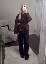 KATCH ME Women’s Brown Short Trench Coat Belted Button Long Sleeve Size M
