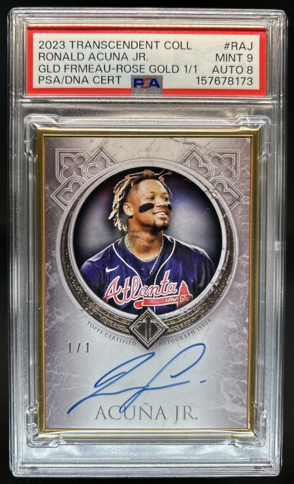2023 Topps Transcendent Ronald Acuna Jr. Gold Frame Auto Rose #1/1 PSA 9