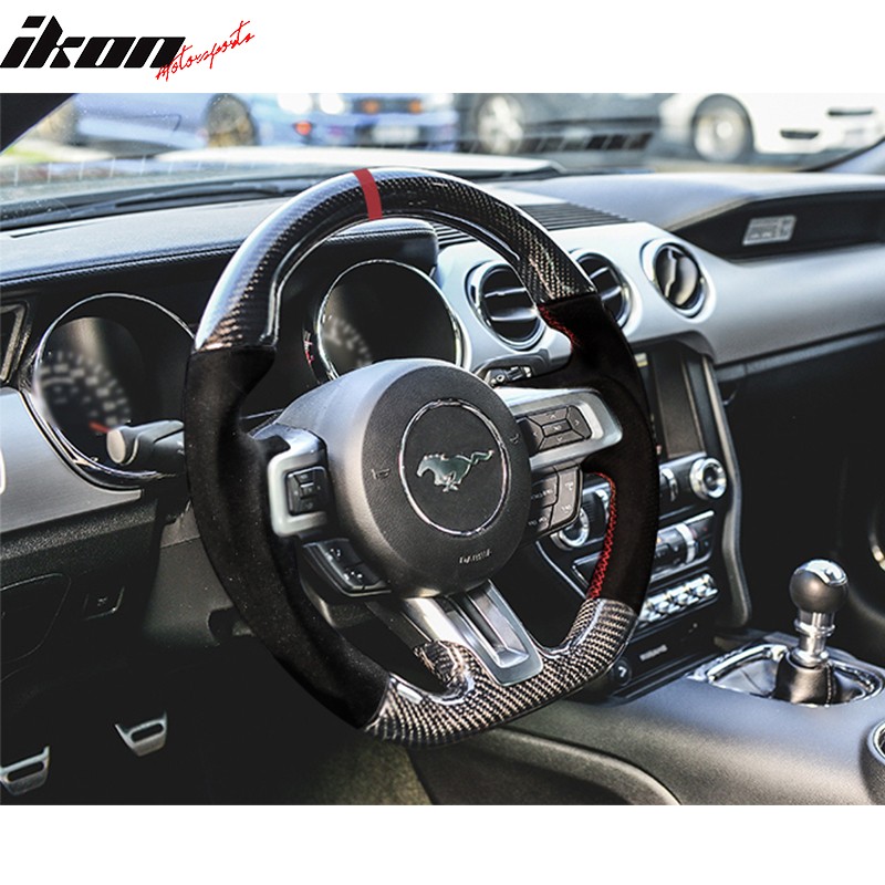 Fits 15-17 Mustang V3 Style Steering Wheel Carbon Fiber with Alcantara Red Ring