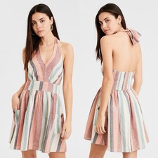 American Eagle Stripe Cotton Linen Halter Dress Small NWT Pastel Summer Multi