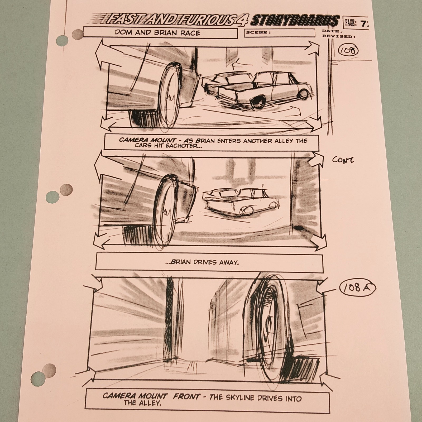 Image 10 of Fast and Furious 4 Production Used Storyboard, Brian Races into Alley p72, COA