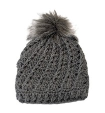 Handmade Gray Crochet Beanie Hat, Unisex, Faux Fur Pom, Size 6-12 months