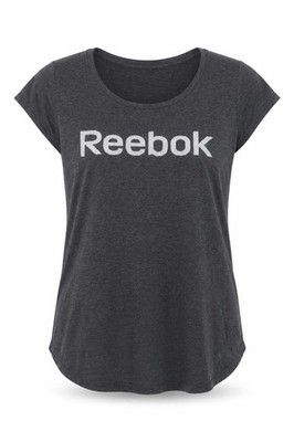 Reebok Damen Basic T-Shirt Gr. L Grau Einfarbig Rundhals Kurzarm Freizeit Logo