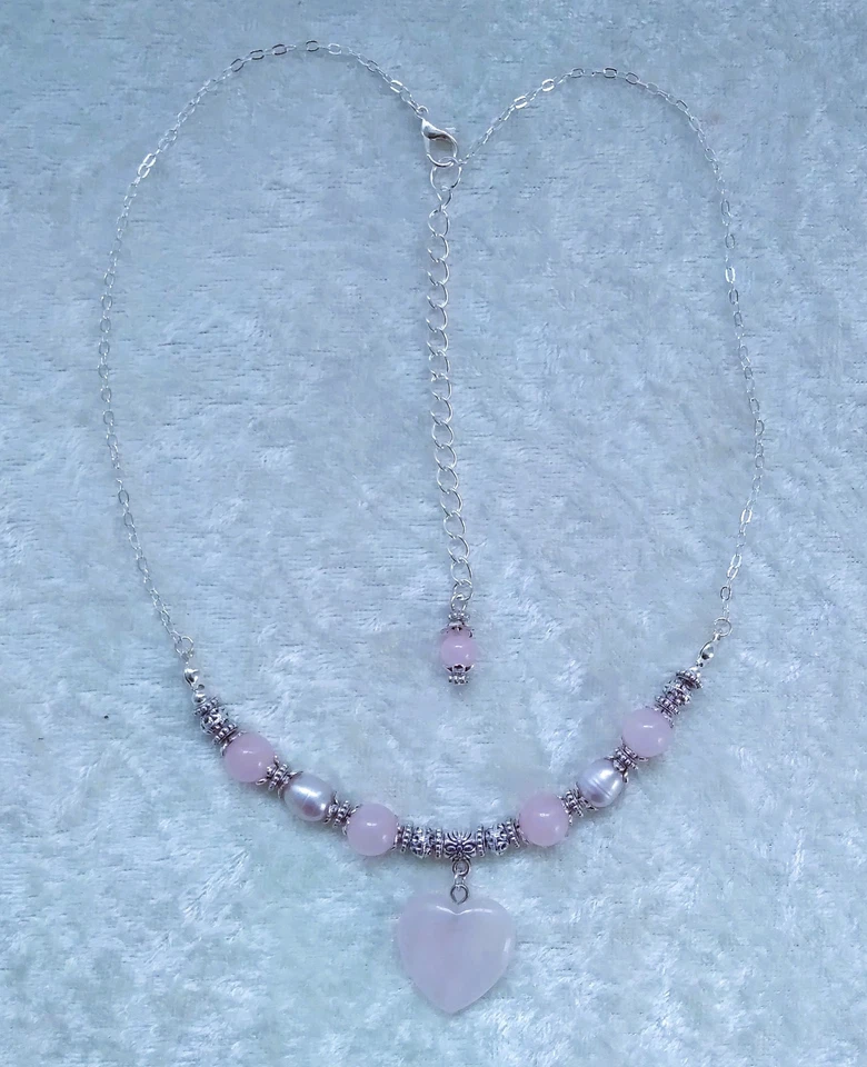 Rose Quartz 20mm Heart, Lilac Pearl, Rose Quartz Bead Necklace.Handmade In Purse Foto 4 de 4