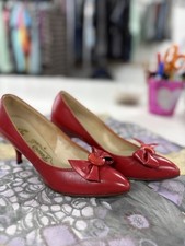Vintage 1950 s Women s Kitten-Heel Pumps Red With Bows Size 5 Retro Rockabilly