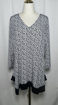 Slim Factor Investments Tunic Top Shirt Blouse 1X Stretch 3/4 Sleeve Black White