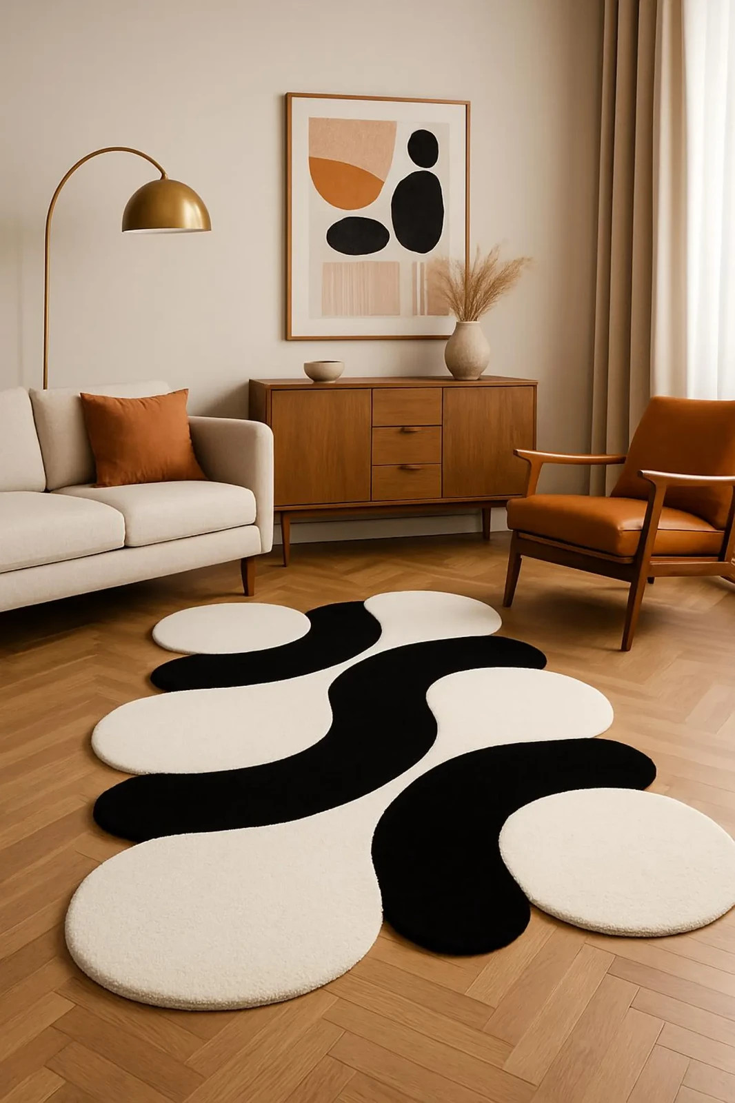 Modern Abstract Black and White Wavy Rug – Irregular Cut Contemporary Carpet