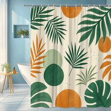 Boho Tropical Shower Curtain with Green and Orange Leaves