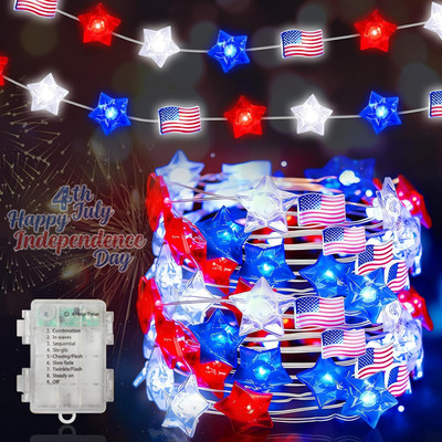 Red White and Blue Patriotic String Lights, 16FT 50 LED 4th of July Decorations