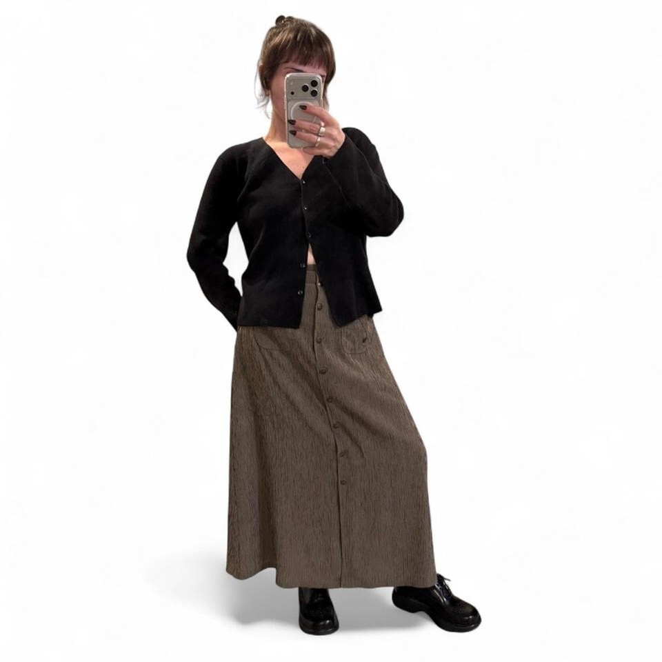 Vintage 90s Brown Micro Check Button Front Midi Skirt