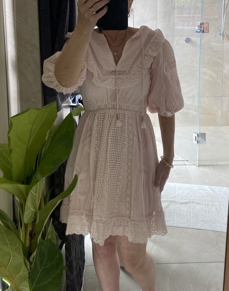 WOMENS PINK COTTON ANGLAISE EMBROIDERY BABY DOLL DRESS SIZE S 6-8AU
