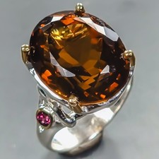 Handmade 14 ct+ Natural Cognac Quartz Ring 925 Sterling Silver Size 7.5 /R441339