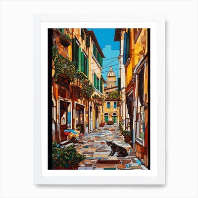 Gemälde von Venedig mit einer Katze im gerahmten Wandbild Poster Leinwanddruck Bild