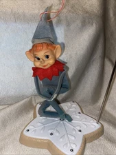 Vintage 1950s Christmas Pixie Elf Knee Hugger Sitter Green  Felt Christmas 6.5”