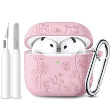 for Airpods 4 Case Cover with Cleaner Kit, Cute Flower Engraved Silicone Prot...