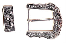 Fancy Western Buckle Set for 1 1/2 Inch Belt Silver Tone Brass