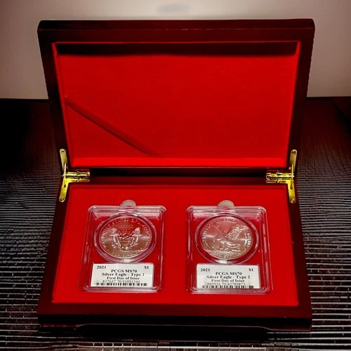 PCGS FDOI MS70 2021 Type 1 & Type 2 American Silver Eagle Set W/ Display Case