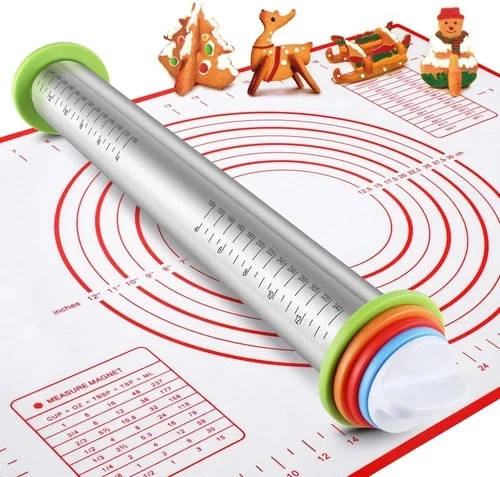 Stainless Steel Rolling Pin and Silicone Mat Set, Adjustable Thickness Rings - f