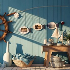Coastal Fishing Pole Photo Frame - Distressed Blue Wood Pole with 3 Hanging F...