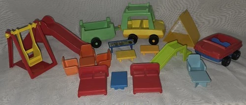 Vintage Large Lot Playskool Playset Pieces Cars Trailer Tables Chairs Beds Tent