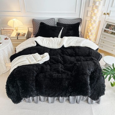 UOZZI BEDDING Black Faux Fur Comforter Set Queen 3 Pieces - 1