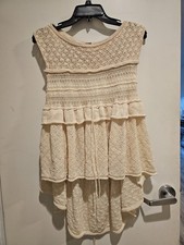 Free People Ivory Knit Cotton Layered Backless Mini Sleeveless Dress Tie L