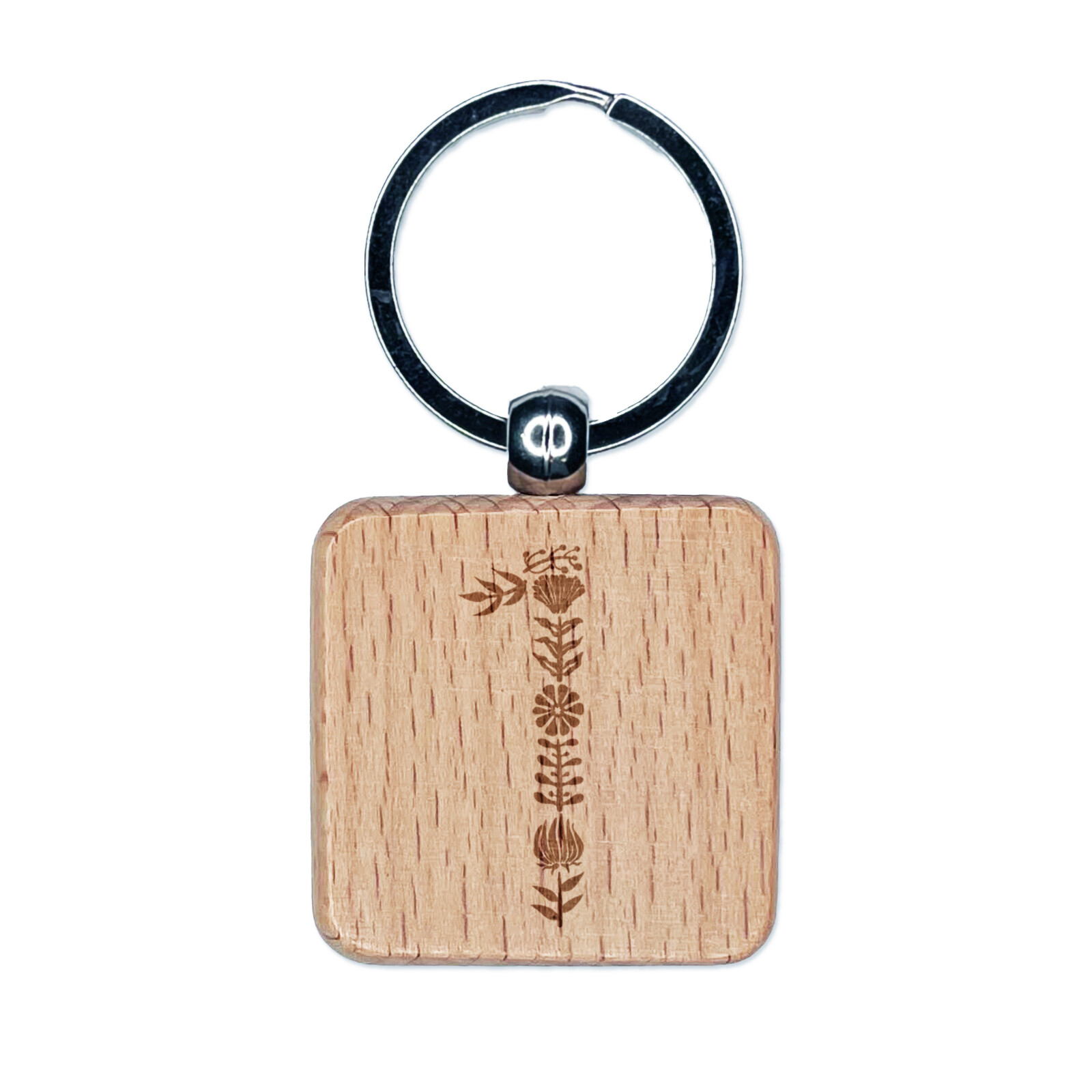 Elegant Botanical Floral Number 1 Engraved Wood Square Keychain Tag Charm