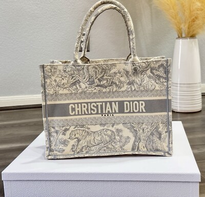 Christian Dior Book Tote Toile de Jouy Beige Gray Canvas Bag Medium