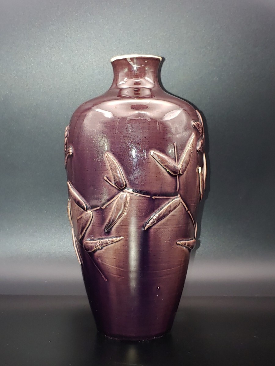 中国美術 天青釉 梅瓶 高17cm ZE216 明代茄皮紫釉瓷雕雀竹纹梅瓶16th C Chinese Purple Glazed Porcelain