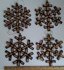 Rustic Snowflake Christmas Ornaments 4 Pc Wood and Metal 5"