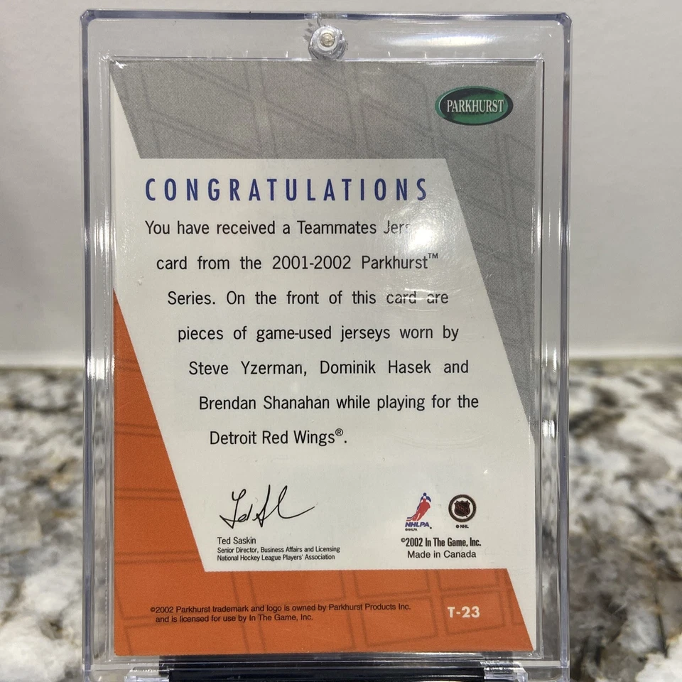 Steve Yzerman, Dominik Hasek, Brendan Shanahan 2001 Parkhurst Triple Jersey #/80 - Image 2 of 4