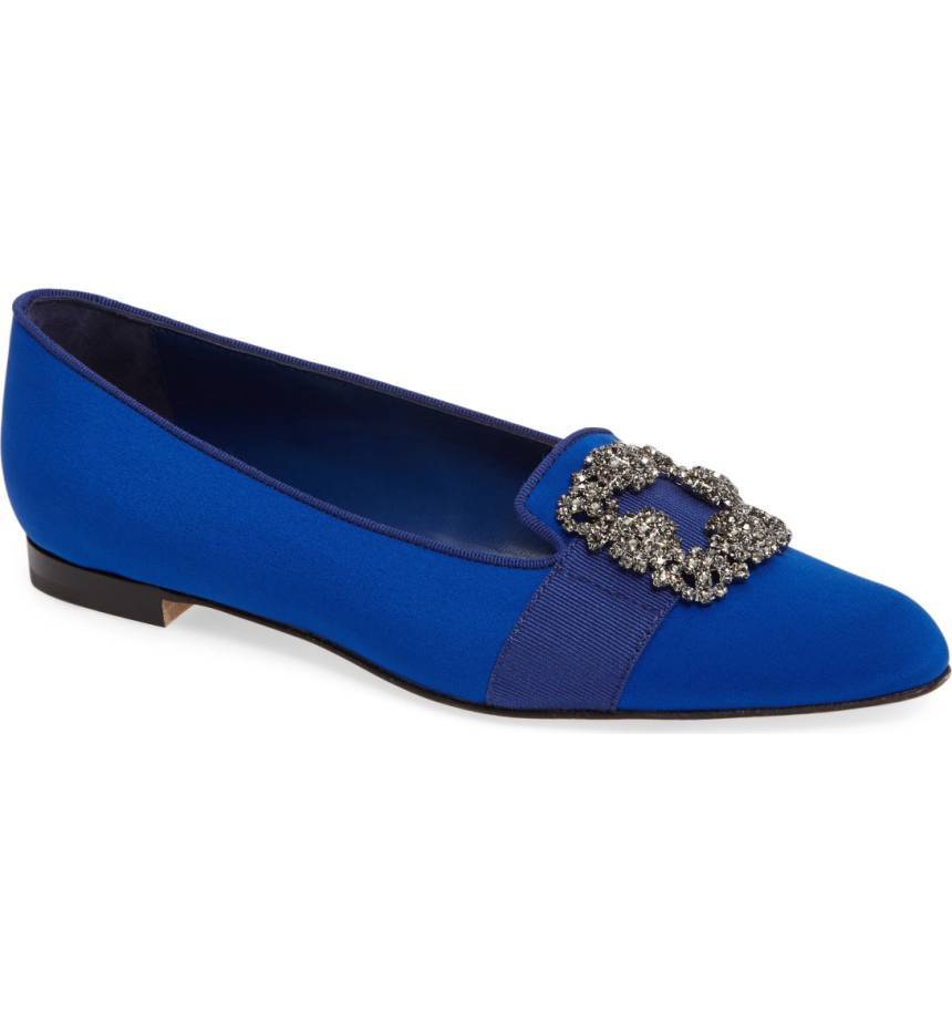 NIB $955+ Manolo Blahnik MARRIA Jewel Loafer Flat Shoe Cobalt Blue Satin 36- 5.5