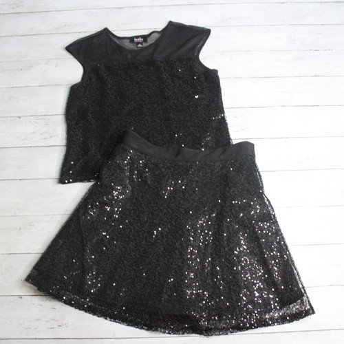 By & By Girl's Skirt Top 2 Pc Black Dress Set Size 16 Sleeveless Mesh Sequin - Picture 2 of 8