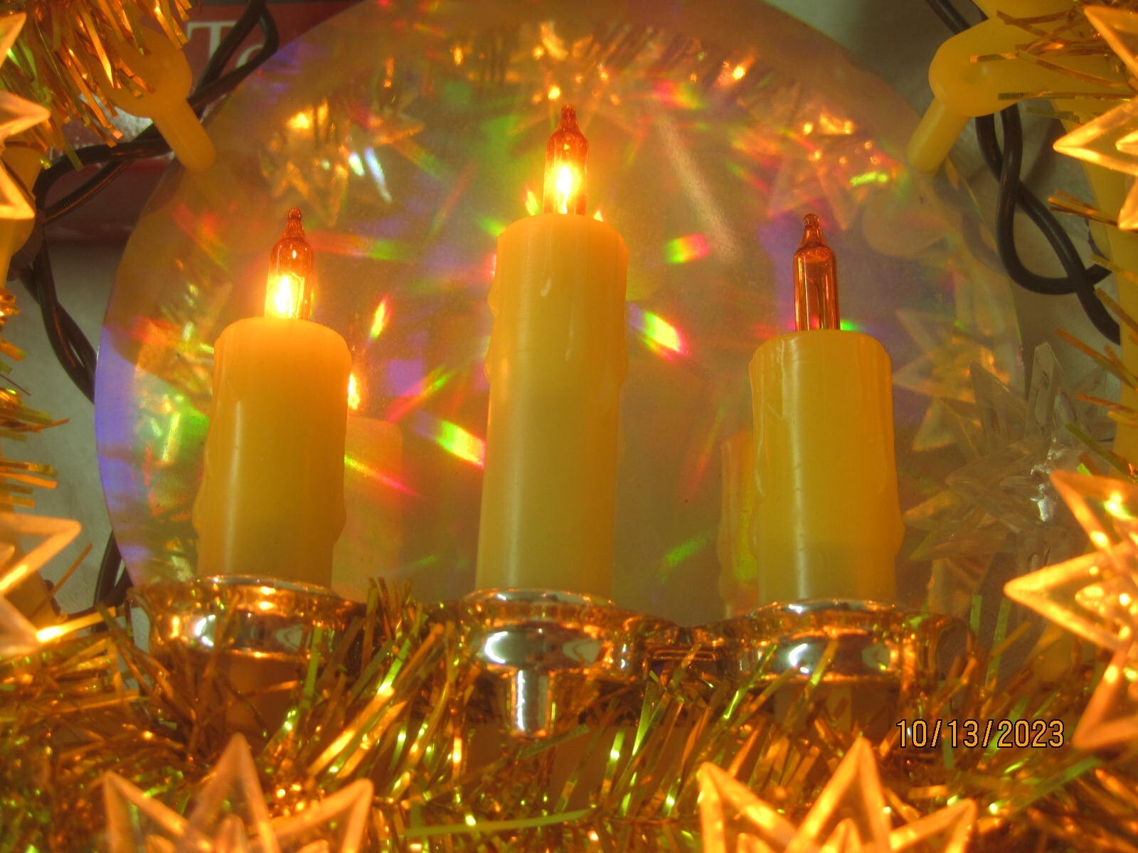 Vintage gold Tinsel Christmas Tree Topper Lighted Wreath with Candles