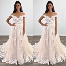 Blush Pink Wedding Dresses Off The Shoulder Lace Appliques A Line Bridal Gowns