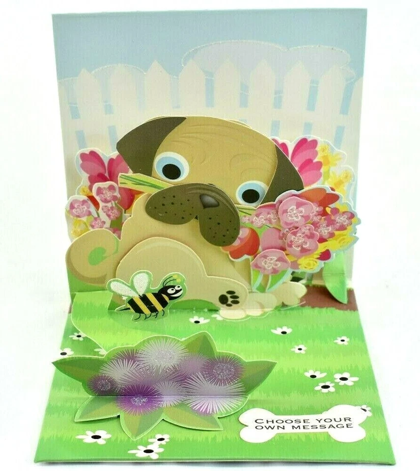Pug Bouquet All Occasion Greeting Card 3D Pop Up Card Up With Paper  - Image 2 of 4