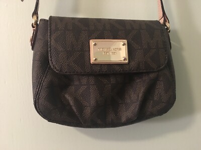 Dark Brown Leather Michael Kors Crossbody Bag with Beige Strap & Gold Emblem
